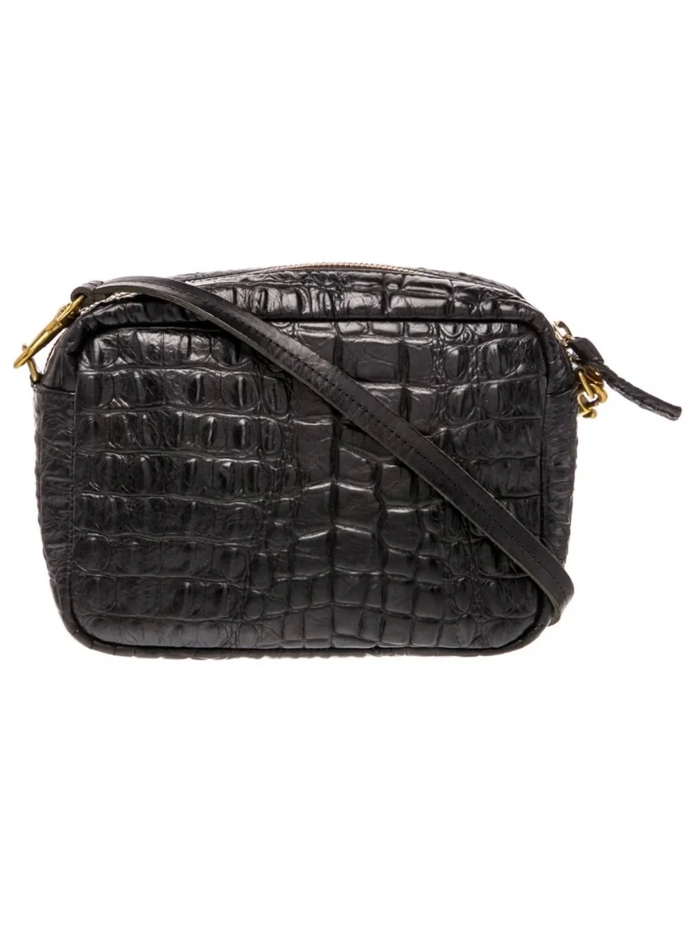 Clare V. Croc-Embossed Black Crossbody Bag with Red Center Stripe